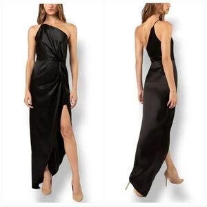 NEW Whyte Valentyne Twist Knot Asymmetrical Hem Silky Satin Gown in Black